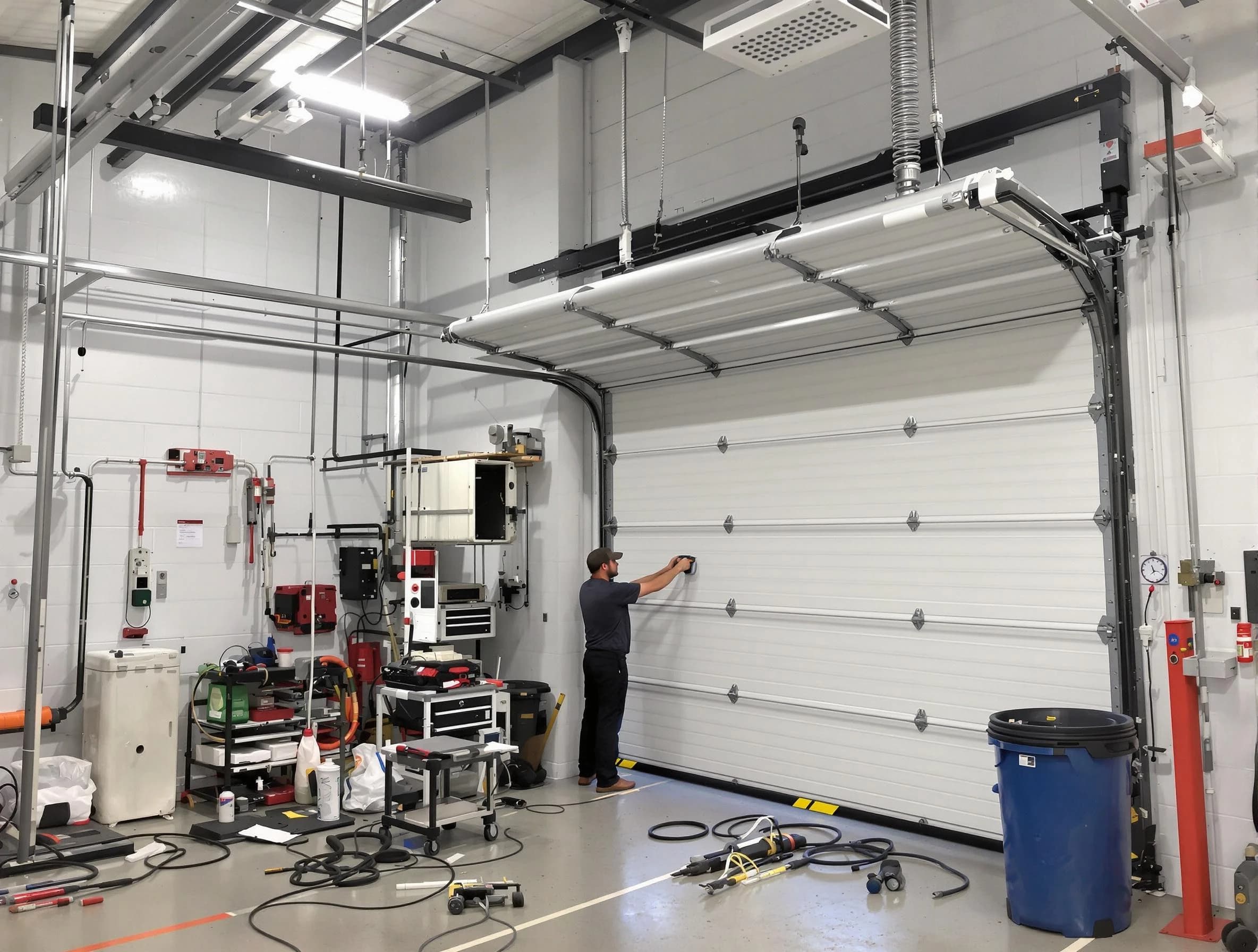 West Orange Garage Door Repair certified technician performing commercial door repair at a West Orange business facility