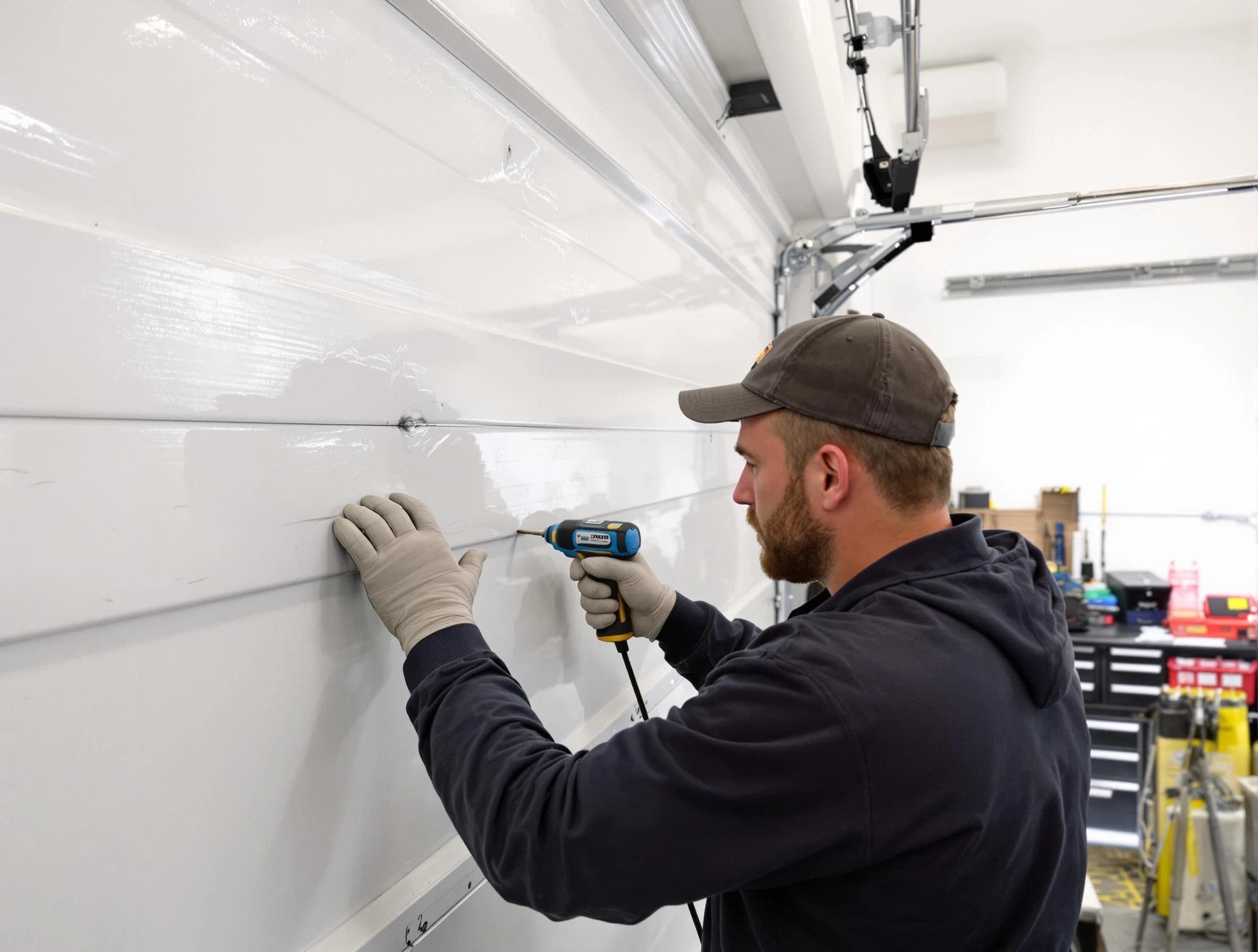 West Orange Garage Door Repair technician demonstrating precision dent removal techniques on a West Orange garage door