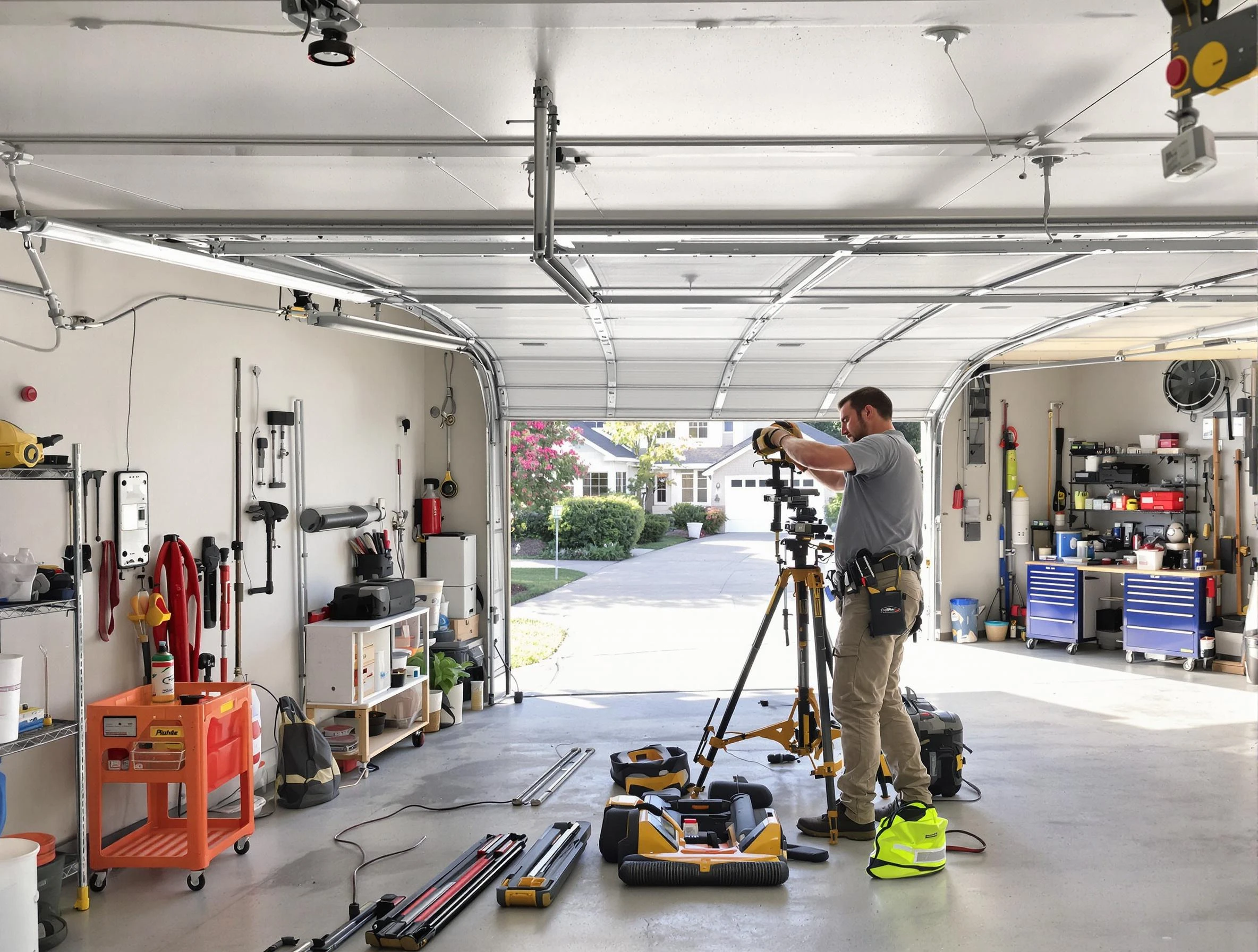 West Orange Garage Door Repair specialist performing laser-guided track alignment in West Orange